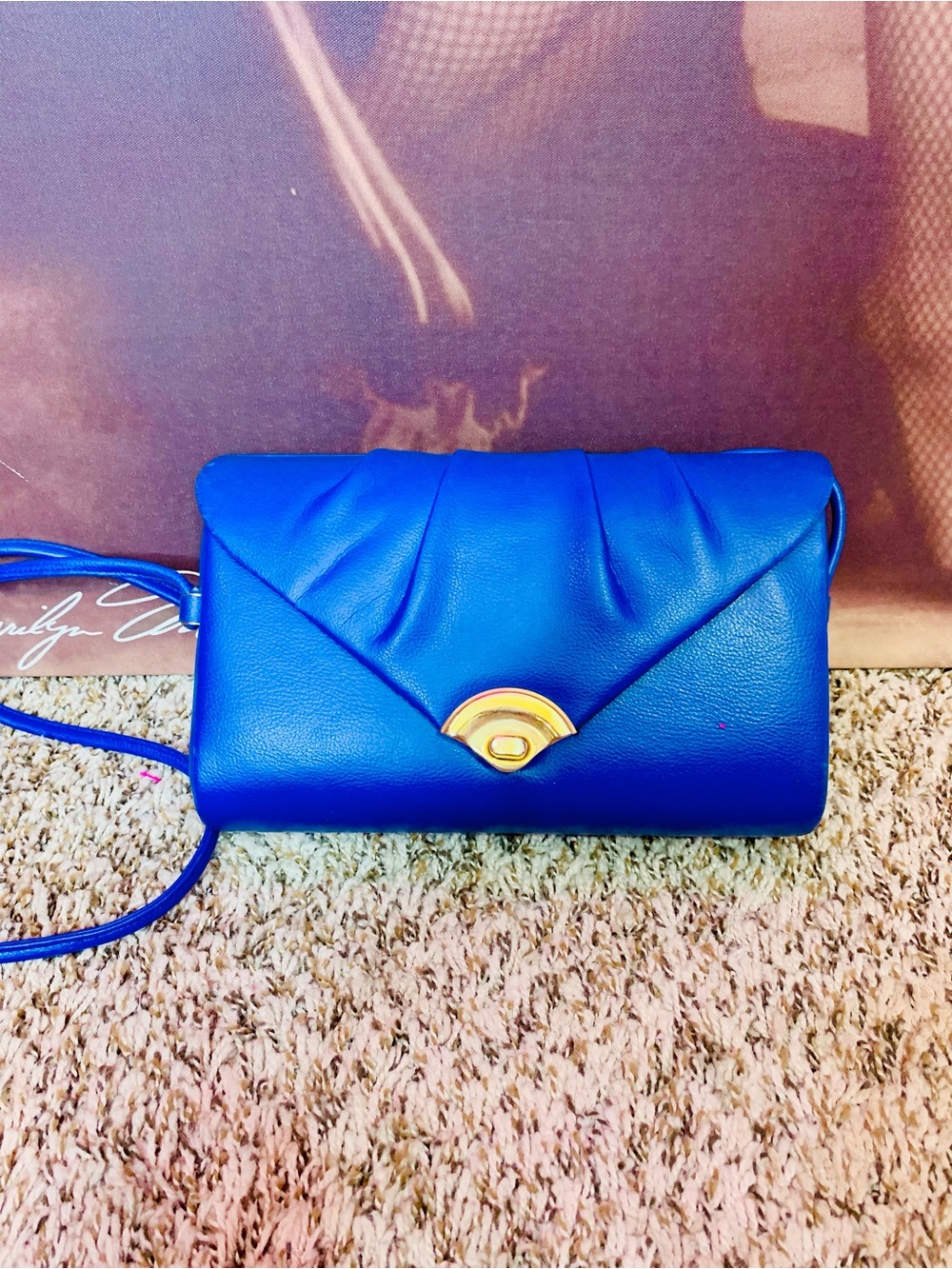 Vintage 80s Blue Leather Envelope Crossbody Bag with Gold Turn-Lock